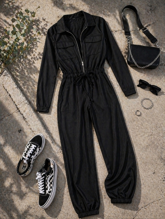 Cupshe Pants - Cupshe Black Utility Jumpsuit – Size Small NWT | Elastic Waist, Street Chic Stap